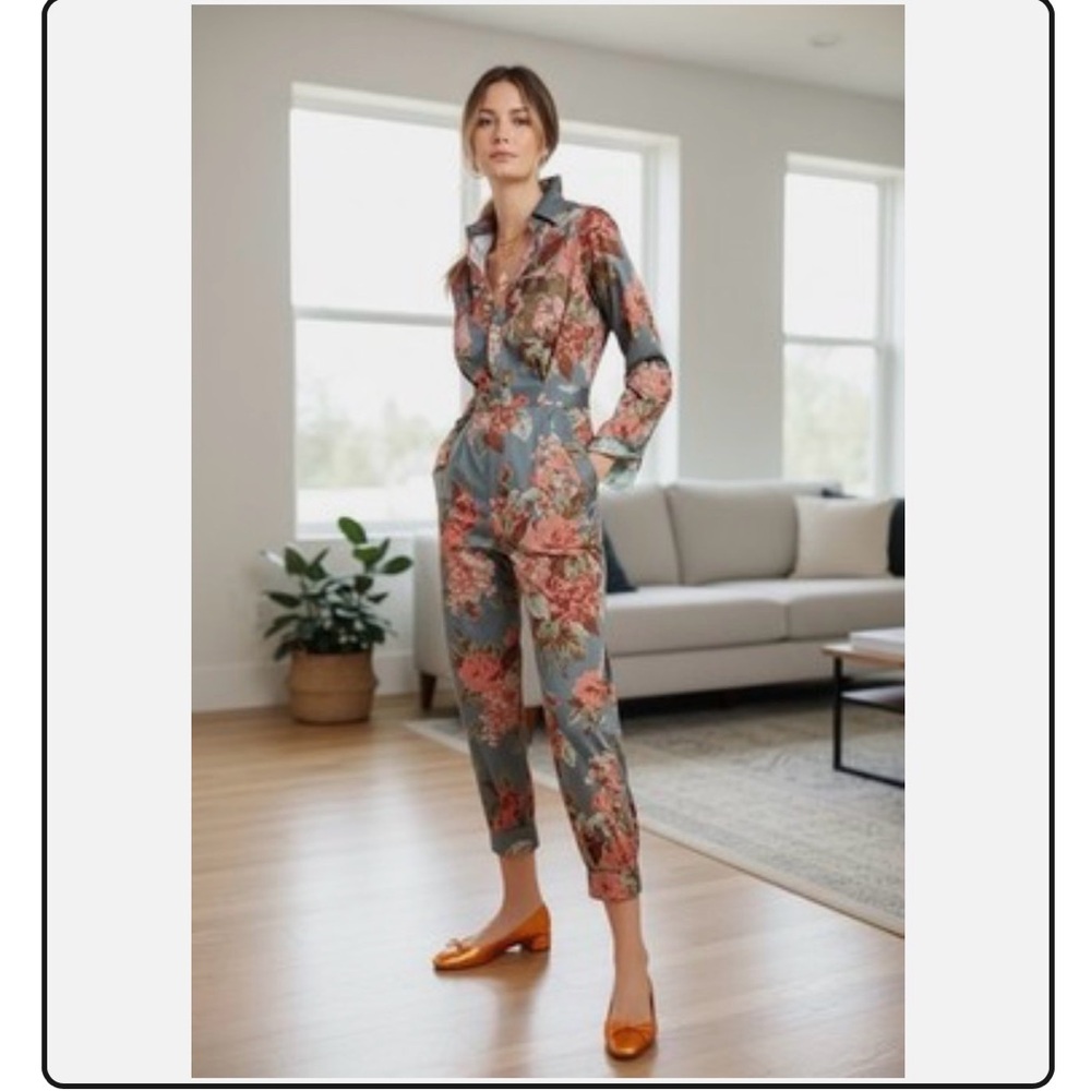 Anthropologie Floral Jumpsuit in Gray and Pink